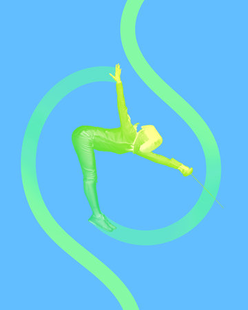 Poster. Contemporary art collage. Silhouette of athletic woman, fencing fighter in motion with lines symbolizing movement against vibrant background. Concept of professional sport, competition. Adの写真素材