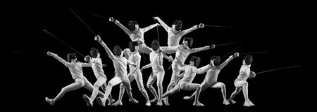 Collage in monochrome filter. Sequence of fencers movements captured in multiple exposures against...