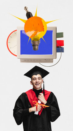 Contemporary art collage. Graduated student with lightbulb idea above, symbolizing innovation and educational achievement. Concept of e-learning, digitalization, work and study online. Adの写真素材