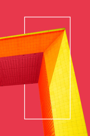 Poster. Contemporary art collage. Bold architectural lines and angles in striking red and yellow light. Vibrant abstract design. Concept of modern culture, architecture, aesthetic, journey and tourismの写真素材