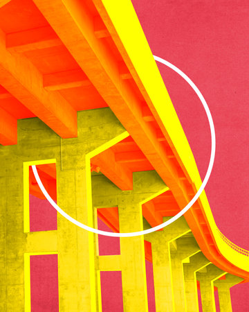 Poster. Contemporary art collage. underpass with bright orange beams on yellow walls against pink background. Concept of modern culture, architecture, aesthetic, journey and tourism. Adの写真素材