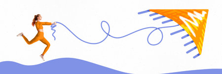 Young woman with slim, fit body in sportswear training outdoor on white background with drawn kite....