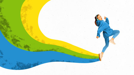 Young girl in headphones in dynamic pose training, doing exercises on white background with abstract colorful elements. Conceptual collage. Concept of healthy lifestyle, sport, body care, wellnessの写真素材