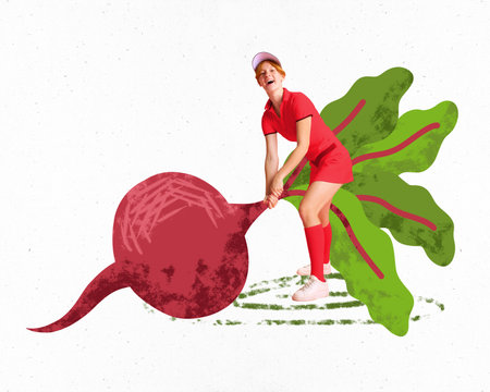 Smiling young girl in sportswear pulling against white background. Health diet and sport. Creative conceptual collage. Concept of healthy lifestyle, sport and nutrition, body care, wellnessの写真素材