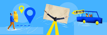 Contemporary art collage. Delivery person, oversized envelope, and car labeled OFFICE on blue background. Work in distance. Concept of business, career development, finances, teamwork, officeの写真素材