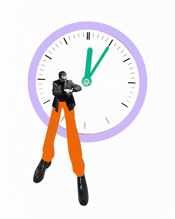 Poster. Contemporary art collage. Young man, entrepreneur stands near huge alarm clock. Time for...