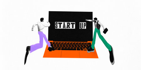 Poster. Contemporary art collage. Young men, employers going to modern laptop with inscription on...