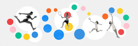 Banner. Contemporary art collage. Strength and power. Athletic people, joggers and tennis players...