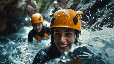 Close up portrait of excited people in helmets and navigating water rafting adventure with their experienced instructor on rushing river. Concept of extreme kind of sports, activity, action.の素材