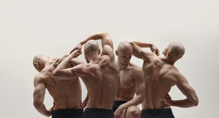 Poster. Contemporary art collage. human connection. Multiple bald men intertwined, touching heads and shoulders against light background. Concept of transformation and growth, self love, masculinityの写真素材