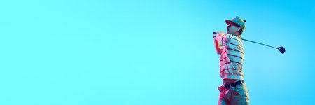 Banner. Skilled golfer in retro attire hitting golf shot with club in neon light against gradient...