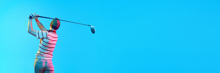 Banner. Rear view portrait of golfer swings in neon light against gradient blue background with...