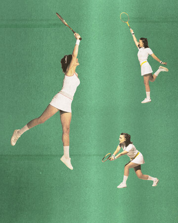 Poster. Contemporary art collage. Young athlete woman in retro ununiform playing tennis in motion against green background. Concept of sport, active lifestyle, tournament. Retro effect, art style.の写真素材