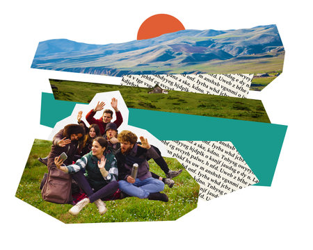 Poster. Contemporary art collage. Group of people, friends sits in green glade surrounded by mountains on picnic and takes selfies. Concept of travelling, holidays and vacations. Trendy magazine styleの写真素材
