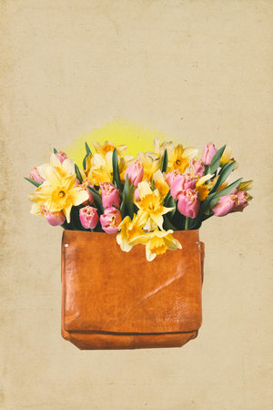 Poster. Contemporary art collage. Vintage brown bag with bunch of colorful flowers, tulips against beige background. Concept of inspiration, surrealism, fashionable. Pop art.の写真素材
