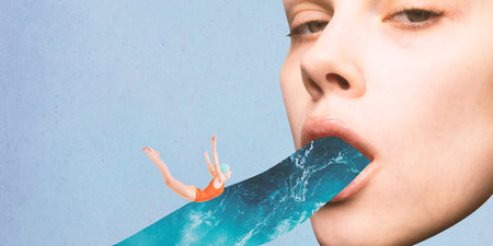 Poster. Contemporary art collage. Surreal artwork of swimmer diving into water flowing from womans...