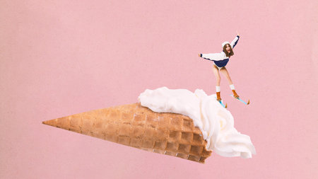 Poster. Contemporary art collage. Young happy woman in retro attire skiing on horn of white ice...