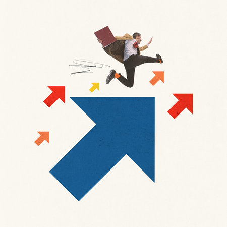 Contemporary art collage. Young man dressed smart casual retro outfit and jumping over colorful arrows symbolizing career development. Concept of business, career, employers, team. Copy space for adの写真素材