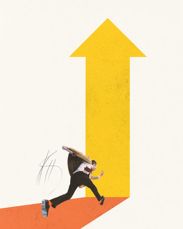 Contemporary art collage. Young man, entrepreneur running to yellow arrow symbolizing career...