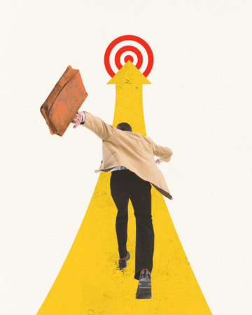 Contemporary art collage. Contemporary art collage. Young man in retro outfit running with to target circle symbolizing achieving goals. Concept of business, career, employers, team. Copy space for adの写真素材
