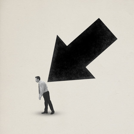 Contemporary art collage. Black downward arrow pushes upset, burnt-out businessman. Minimalist design. Monochrome. Concept of motivation, professional growth, goal, aim, business, adの写真素材