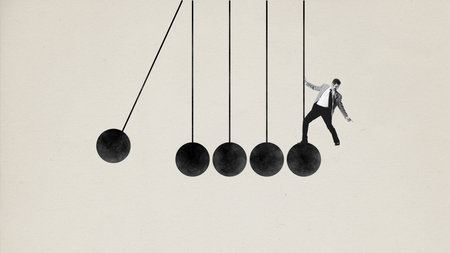 Contemporary art collage. Concentration. Man in smart casual clothes trying to balance on pendulum....