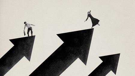 Contemporary art collage. Successful businessmen move standing on arrows. Personal growth and brand development. Minimalist design. Concept of motivation, professional growth, goal, aim, business, adの写真素材