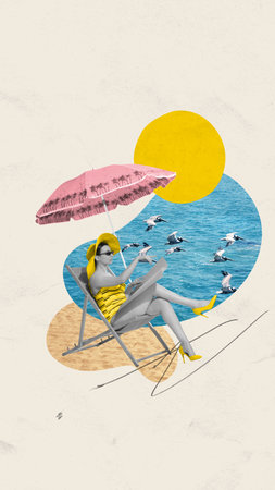 Contemporary art collage. Abstract artwork. Girl in swimsuit sits on sunbed under umbrella with birds on beach. Concept of summertime holidays, inspiration, travel, vacation, resort.の写真素材