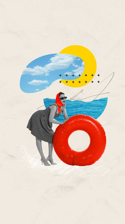 Contemporary art collage. Abstract artwork. Girl in dress leaned on red lifeline standing on beach on hot summer day. Concept of summertime holidays, inspiration, travel, vacation, recreation, rest.の写真素材