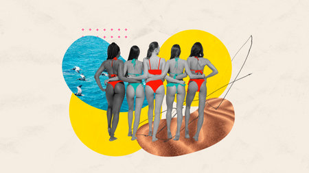 Contemporary art collage. Abstract artwork. Back view of beautiful slender tanned girls in swimsuits, bikinis on beach. Concept of summertime holidays, inspiration, travel, vacation, relax, recreationの写真素材