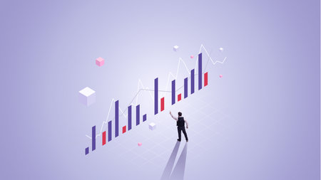 Contemporary art collage. Man in smart casual clothes points to graphics against gradient background. Analysis and planning. Concept of business and virtual reality, technology, finance. Adの写真素材