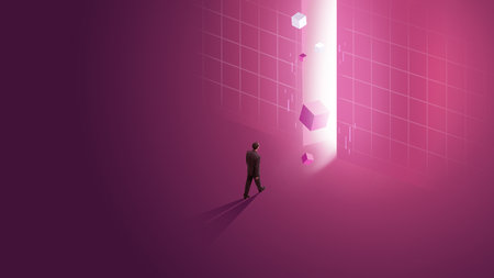 Contemporary art collage. Businessman in official suit confidently goes to bright light against gradient background. Concept of business and virtual reality, technology, finance. Adの写真素材