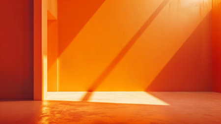 Minimalist architectural details. Vibrant orange room with sun which lighting through window. Clean bright neon orange background. Concept of art, business, futuristic design, architecture.の素材