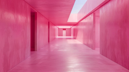 Empty long hallway with pink walls, floor, roof. Contemporary minimalistic interior design. Pastel colors. Concept of art, business, futuristic design, architecture.の素材