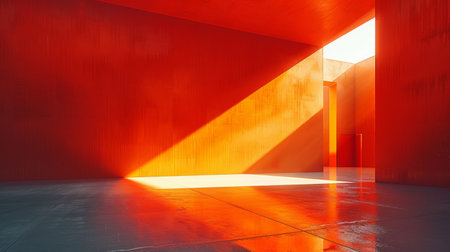 Empty room with an orange painted wall and concrete floor with suns rays fill room with light. Contemporary minimalistic interior design. Concept of art, business, futuristic design, architecture.の素材