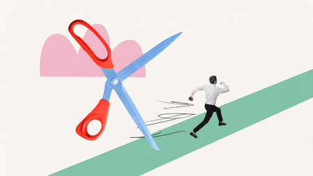 Contemporary art collage. Young businessman fast running of huge scissors, symbolizing layoff at work. Concept of business, layoff at work, limitations, deadlines, pressure.の写真素材