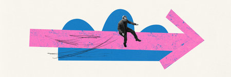 Banner. Contemporary art collage. Young businessman sitting on huge arrow against colorful abstract background. Concept of business, development, career growth, target, way to success.の写真素材
