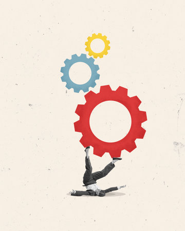 Contemporary art collage. Girl lies upside down and moves colorful mechanism with gears against beige background. Monochrome. Concept of business, economy, career growth, life-work balanceの写真素材