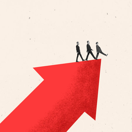 Contemporary art collage. People, businessmen follow big red arrow symbolizing desire for development and career growth. Concept of business, economy, finance, strategy, life-work balanceの写真素材