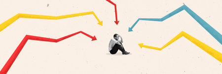 Banner. Contemporary art collage. Downward multicolored arrows of graphs that fall on man in monochrome filter. Concept of business, economy, finance, career growth, life-work balanceの写真素材
