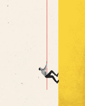 Contemporary art collage. Motivation. Man, climb employees up holding on to red rope, approaches goal. Concept of business, economy, career growth, strategy, life-work balanceの写真素材