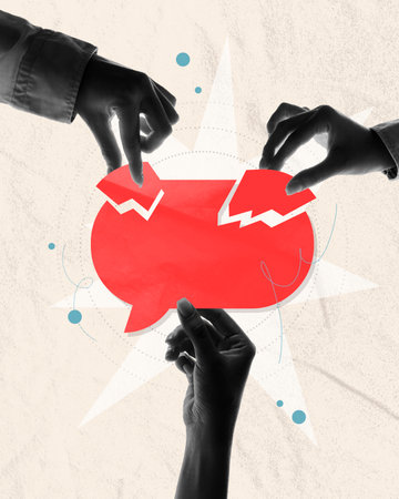 Poster. Contemporary art collage. Hands creating red speech bubble with pieces against smashed paper background. Concept of business, teamwork, ideas, compromise, communication.の写真素材