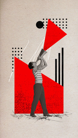 Contemporary art collage. Young man, business man shouting to retro bullhorn against light...