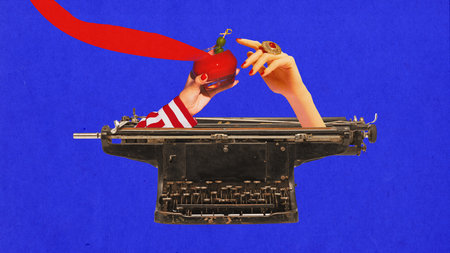 Contemporary art collage. Routine tasks with touch of creativity or enjoyment. Hand with red...