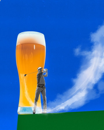 Contemporary art collage. Young man stands on green field and playing golf with huge glass of foamy beer behind him. Concept of celebration, vacation, rest, Friday mood, summer time, fun and joy.の写真素材