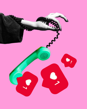 Poster. Contemporary art collage. Hand holding retro headset, phone with floating of it signs of likes against pink background. Concept of social media, modern lifestyle, popularity. Adの写真素材