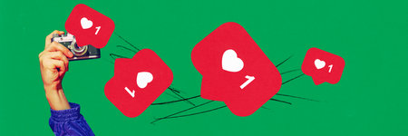 Banner. Contemporary art collage. Content creation. Hand with retro camera, capturing social media like notifications against green backdrop. Concept of social media, modern lifestyle, popularity.の写真素材
