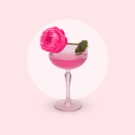 Contemporary art collage. Cocktail glass decorated pink flower against pink background. Sweet, feminine atmosphere. Concept of pop art, love, relationships, human feelings, dating.の写真素材