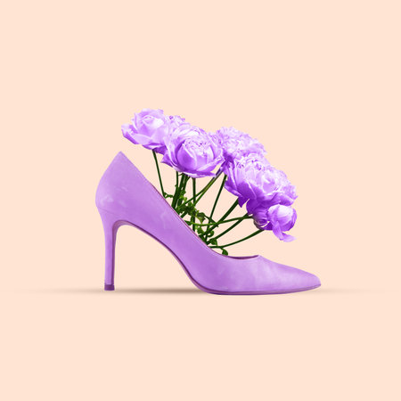 Contemporary art collage. Purple, lavender color heel stand full of blooming flowers. Idea of beauty and femininity. Concept of pop art, fashion, self-expression, self-love. Adの写真素材