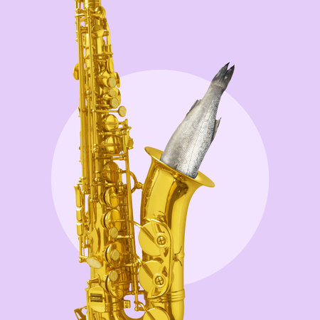Contemporary art collage. Musical instrument, saxophone with fish looking inside it. Exploration of sound and its connection to nature. Concept of pop art, music and dance, creativity, inspirations.の写真素材